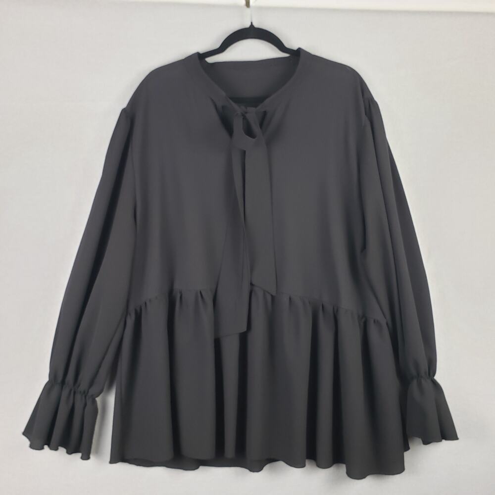 Women's 4X Flounce Sleeve Babydoll Blouse Black Bow Neck Steampunk Whimsigoth